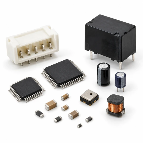 Integrated circuits, passive components, a sensor, connector and relay on a white background